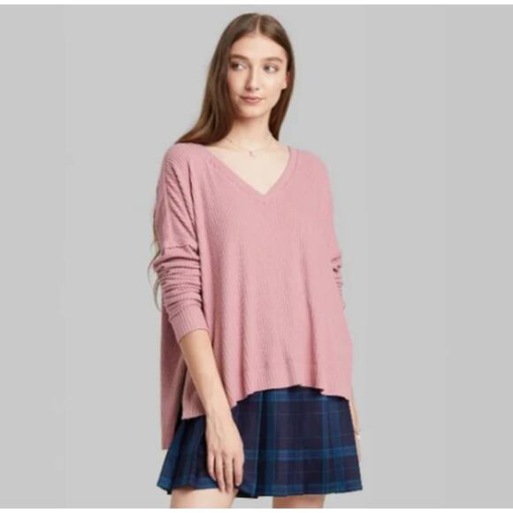 Wild Fable Oversize Sweater L Pink Ribbed Knit Hi Low Boxy Side Slit V Neck Top - Picture 8 of 13